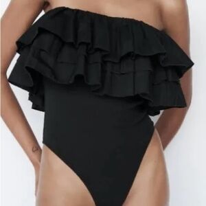 Zara Black Cotton Off the Shoulder Ribbed Ruffle Bodysuit - Size Small